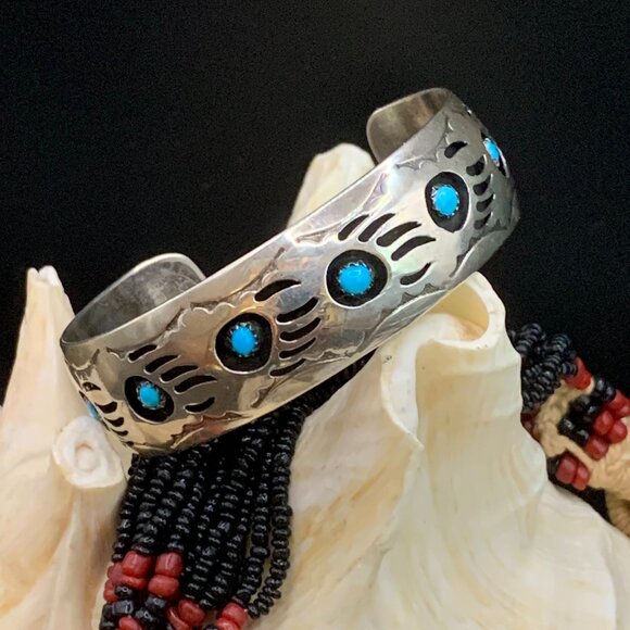 Navajo Bear Claw Paw Shadowbox Turquoise Sterling Cuff Bracelet P. Spencer - Picture 2 of 14